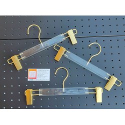 Пластикова вішалка із золотими прищіпками та металевим гачком 350 мм акрилова